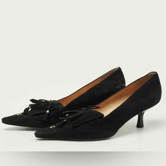 Chanel Vintage Kitten Heels Black Suede CC Logo Fringe Pointed Toe Pumps 37 Y2k - Picture 2 of 7